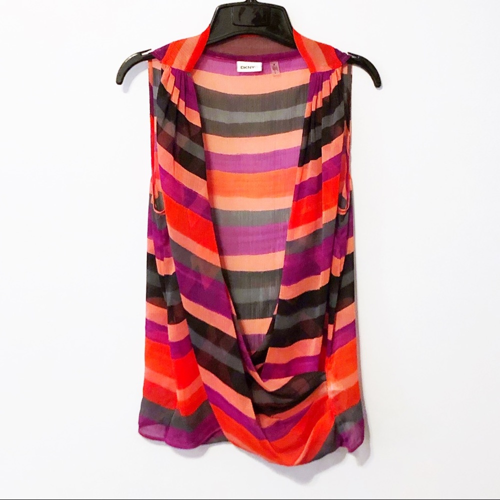 DKNYC Sheer Rainbow Stripe Front Drape Vest Top M